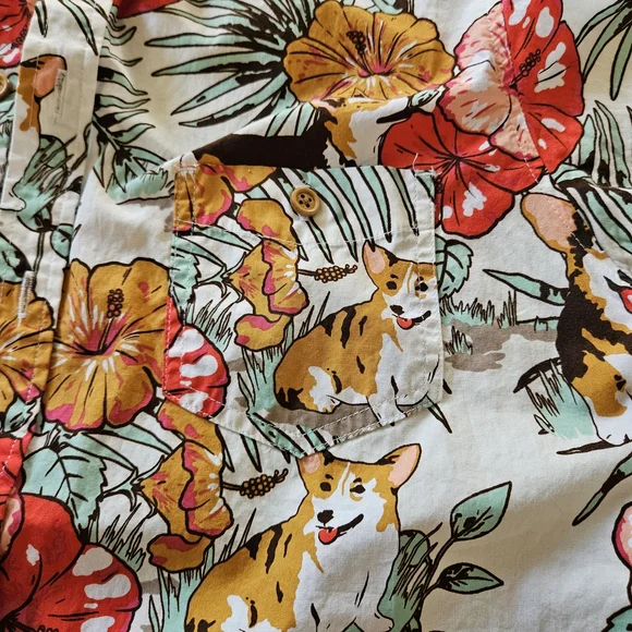 Hot Topic Men's Corgi Floral Shirt - Red, Orange, Green - Picture 5 of 7